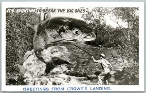 CROWES LANDING CANADA FISHING EXAGGERATED VINTAGE REAL PHOTO POSTCARD RPPC