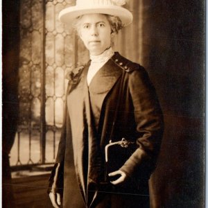 c1910s Fancy Classy Lady RPPC Posing Trench Coat Hat Bag Real Photo Postcard A65