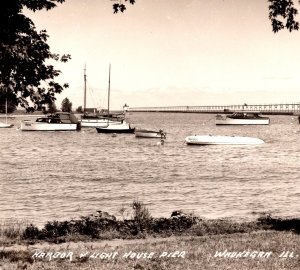 RPPC Waukegan IL Illinois Harbor And Light House Pier Real Photo Postcard