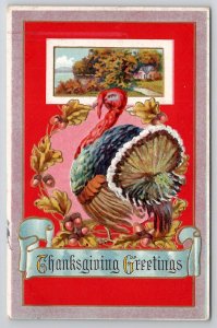 Thanksgiving Greetings Turkey Chesnut Wreath Postcard K29