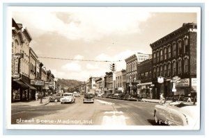 1950 Street Scene Cars Madison IN, Movie Theater Firestone RPPC Photo Postcard 