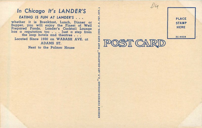 Linen Postcard Landers Restaurant Cocktail Lounge Chicago Wabash Ave. Multiview