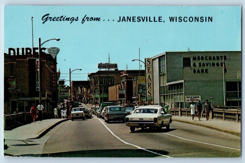 Janesville Wisconsin Postcard Greetings Classic Cars Road Buildings 1960 Vintage