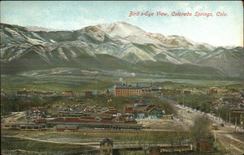 Colorado Springs CO Birdseye View RR Train Station Depot c1910 Postcard