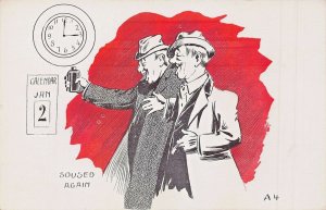 SOUSED AGAIN~MEN DRINKING AT 3AM ON JANUARY 2nd~SOL KLINE 1906-ALCOHOL POSTCARD