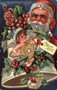 Christmas Santa Claus with Cupid Fantasy c1910 Vintage Postcard