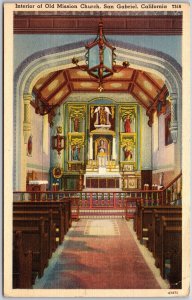 San Gabriel CA-California, Interior of Old Mission Church, Adobe Walls, Postcard