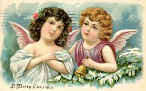 1909 Christmas Angels Cherubs Bell Vintage Embossed Postcard
