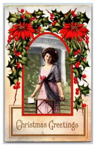 Christmas Greetings Woman In Archway Holly Poinsettias DB Postcard R10