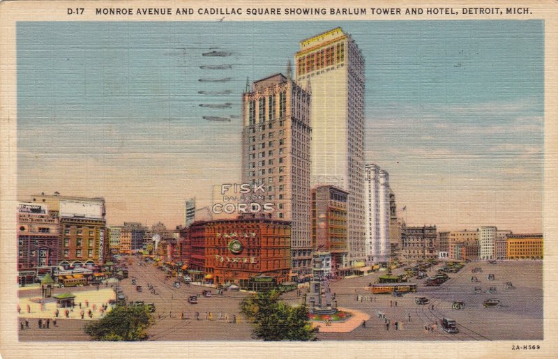 P1705 1937 used  monroe ave & cadillac sq view old cars trolly sign detroit mich