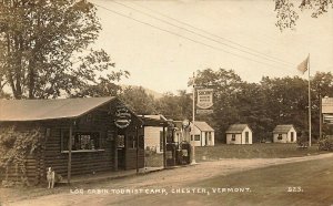 Chester VT Log Cabin Tourist Camp Socony Gas Station Real Photo Postcard 
