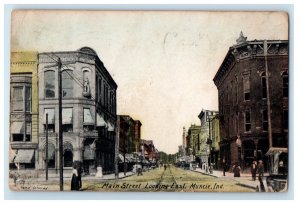 1908 Main Street Looking East Muncie Indiana IN, Hancolored Antique Postcard 