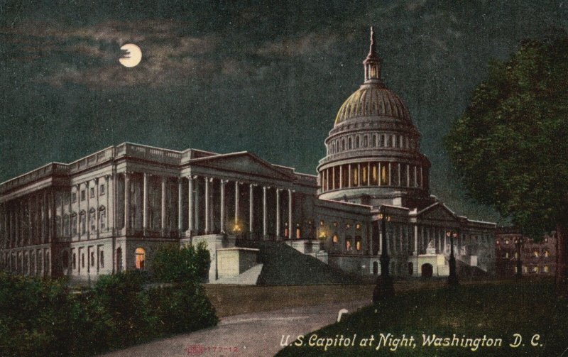 Vintage Postcard 1912 U. S. Capitol At Night Historical Building Washington D.C.