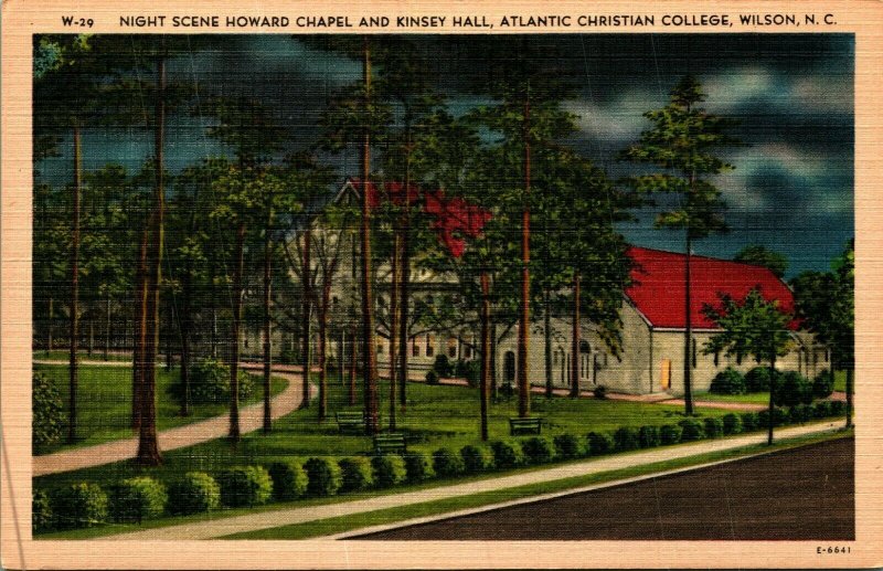 Night Howard Chapel Atlantic Christian College Wilson NC UNP Linen Postcard B7