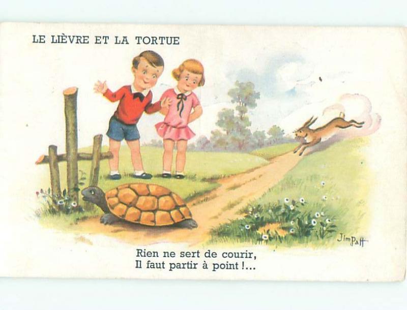 Old Postcard signed TORTOISE AND HARE STORY - BUNNY RABBIT AND TURTLE AC3676