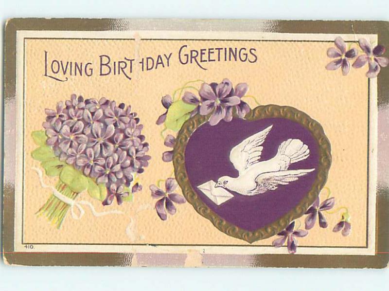 Surface Wear Div-Back BIRD DELIVERS LETTER & VIOLET FLOWER BOUQUET o9280