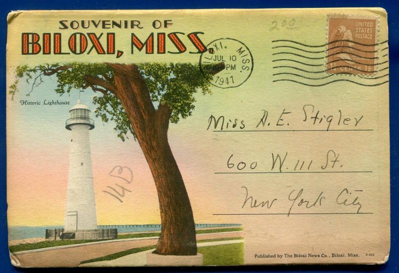 Biloxi Mississippi ms lighthouse Edgewater Hotel Beach postcard folder