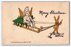 Christmas Anthropomorphic Rabbit Sled Pulling Angel Cherub Grace Harlow Postcard