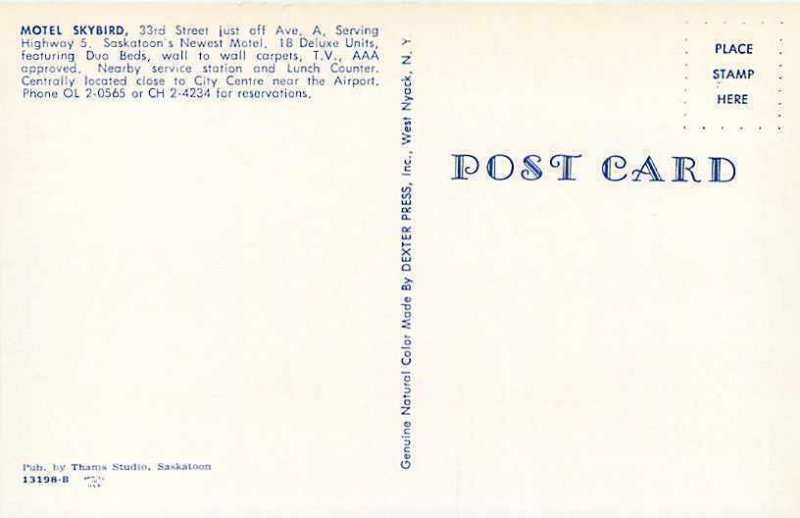 Canada, Saskatchewan, Saskatoon, Skybird Motel, 50s Cars, Dexter Press No 13198B