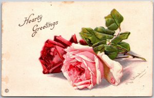 1919 Hearty Greetings, Pink & Red Roses, Signed, Vintage Postcard