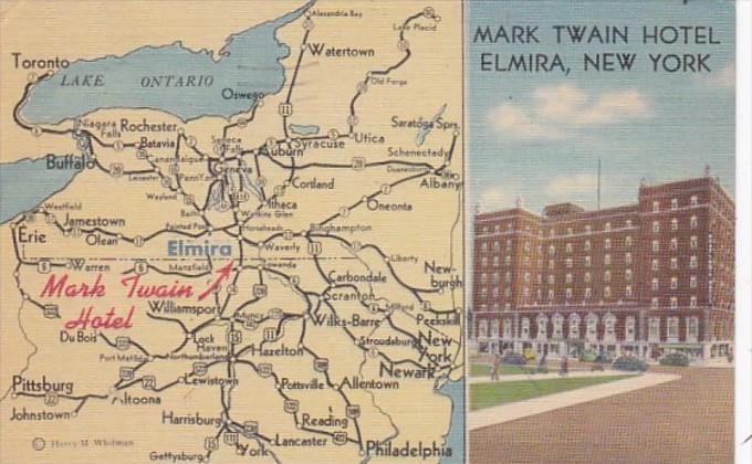 New York Elmira Mark Twain Hotel With Map 1948