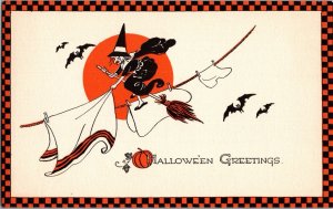 Halloween Postcard Gibson Orange Black Checkered Border Witch Bats, Moon JO5