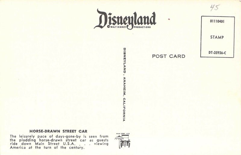 Disneyland, DT-35936-C, Horse Drawn Street Car,  Magic Kingdom, Old Postcard,