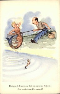 French Fantasy Man Catches Nude Mermaid in Fishing Net Vintage Postcard