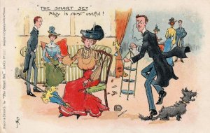 Posh Man Eyeglass Terrified Dog Disaster Party Old Comic Postcard