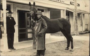 Man in Street With His Horse ++Photography Lincoln ME Maine 1907 Used RPPC