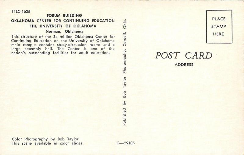 Norman Oklahoma~University of Oklahoma~Forum Building~$4 Million~1950's Postcard