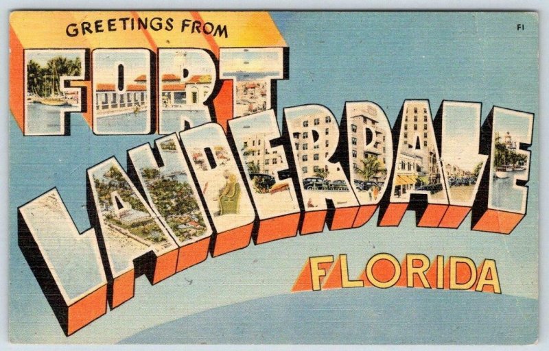 1949 GREETINGS FROM FORT LAUDERDALE FLORIDA LARGE LETTER LINEN POSTCARD (CREASE)