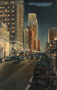 Houston Texas TX Theatre District at Night Street Scene Vintage Postcard