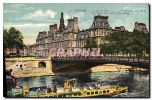 Old Postcard Paris Hotel de Ville and the Bridge of Arcola Boat