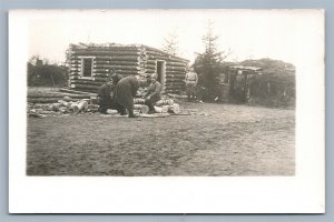 RUSSIAN WWI SOLDIERS HOUSE CONSTRUCTION ANTIQUE REAL PHOTO RPPC