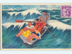 Pre-Linen comic foreign PEOPLE IN ROWBOAT IN STORMY WATER HL9124