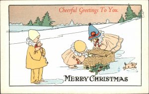 Christmas Clowns Children with Lucky Piglet Ser. 513 Vintage Postcard