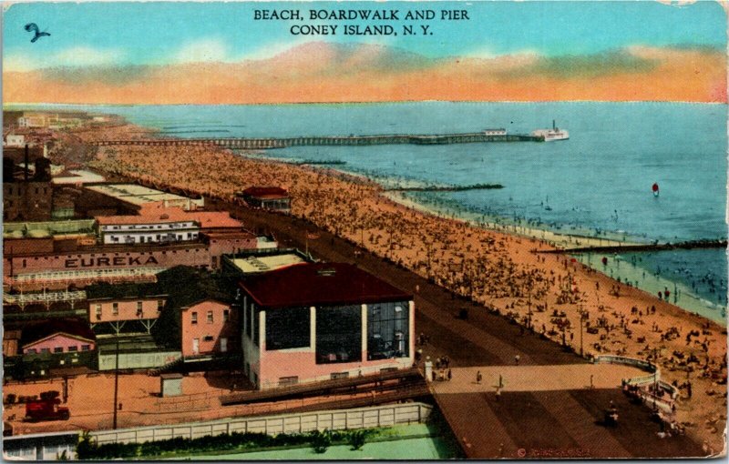 Postcard NY Coney Island Beach Crowds Boardwalk & Pier Eureka Baths ~1910 F39
