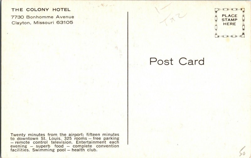 Colony Hotel Bonhomme Avenue Clayton Missouri 63105 Vintage Postcard Old Car