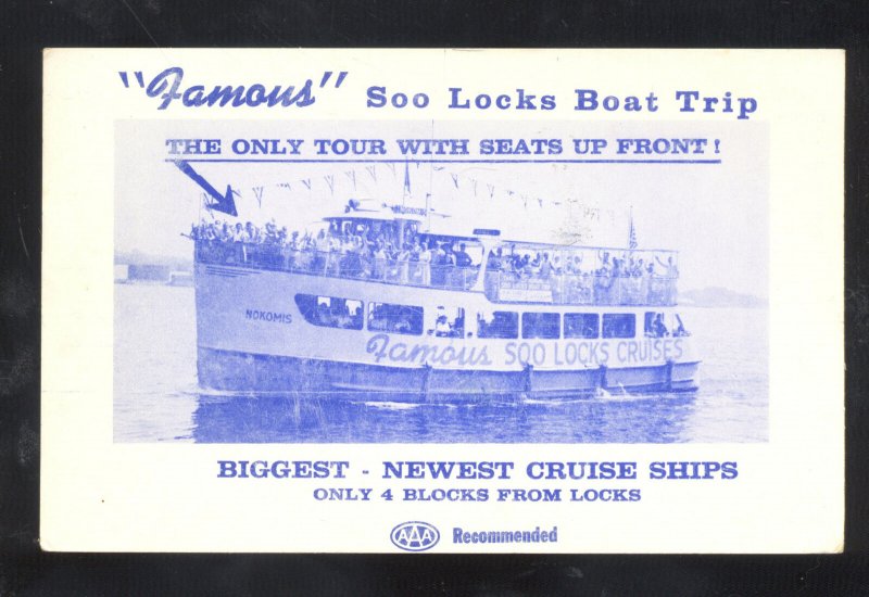 SOO LOCKS MICHIGAN FAMOUS SOO LOCKS BOAT TRIP VINTAGE ADVERTISING POSTCARD