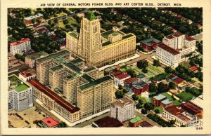 Vtg General Motors Fisher Building Art Center Aerial View Detroit MI Postcard