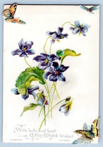 1890's CHRISTMAS VIOLETS DIE CUT BUTTERFLY DRAGONFLY HAGELBERG GERMANY XMAS CARD