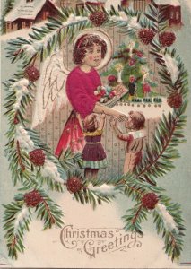 Postcard Christmas Greetings Angel Pink Silk Robes Children