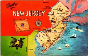 Greetings New Jersey Garden State Map Cities Flag Goldfinch DB Postcard