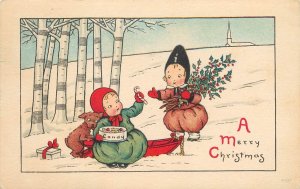 Children & Dog Share Candy on Sled in Snow Christmas Postcard Fairman Co. 4930