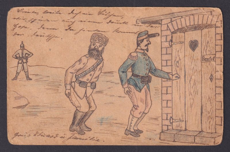 GERMANY Hand drawn Postcard Propaganda Humor WWI Feldpost