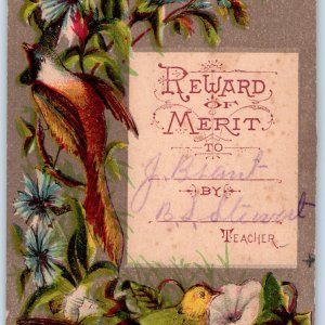 c1880s Colorful Reward of Merit Teacher Trade Card Bird Flower Art Nouveau C34