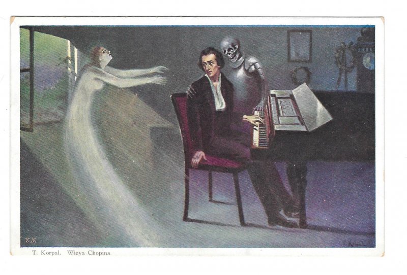 T Korpal Painting Chopin Piano Skeleton Ghost Death Poland Art Postcard