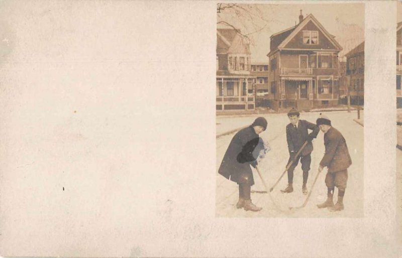 Winter Scene Children Playing Hockey Real Photo Vintage Postcard JE359372