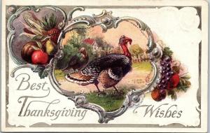 Postcard Best Thanksgiving Wishes Turkey Fruit Corn Pumpkin Glitter AB41